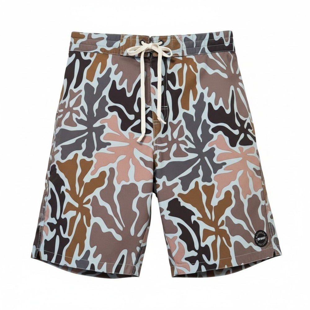 Prana Mens Abstract Leaf Print Board Shorts Brown Blue Drawstring Size 35